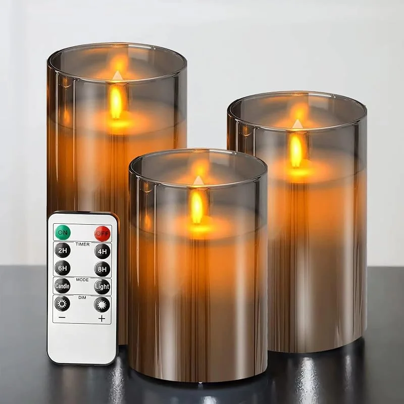 Visita la tienda de ILEEDear Velas LED Vidrio, Velas led efecto llama, Pack de 3 Velas Electricas de cera de verdad con Mando a Distancia y Temporizador Velas Decorativas de pilas para Decoración, Bodas, Navidad (Gris) — Luces Navidad