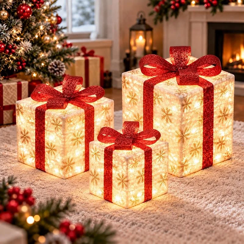 Yanghad 3pcs LED Cajas Regalo Navidad con 50 Luces, Decoración Navideña Iluminada — Envoltorio regalo