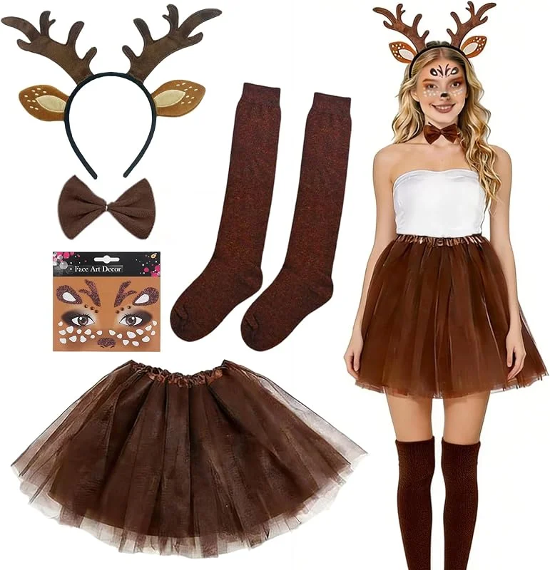 Feithmonic Disfraz de Ciervo para Mujer, Disfraces Reno Carnaval Adulto, Falda Tutú Diadema Cuernos Tatuajes Cara Pajarita Calcetines Marrones, para Fiesta Temática Halloween Navidad Cosplay Animal — Ropa Navidad