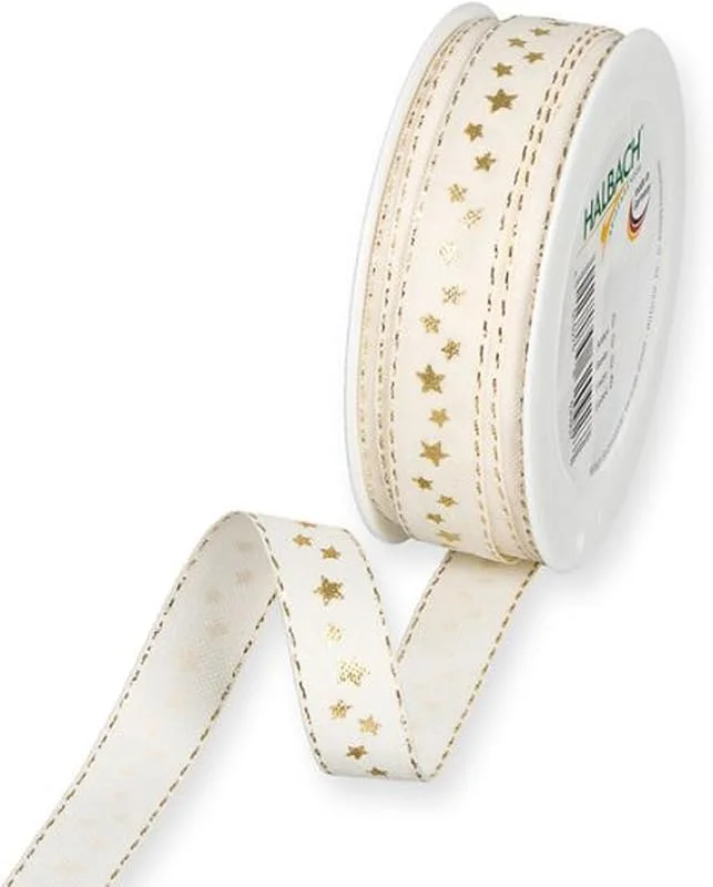 Halbach Seidenbänder Cinta de Navidad de 25 mm x 18 m, cinta de regalo de Navidad con estrellas doradas y bordes de lúrex - Verde — Envoltorio regalo