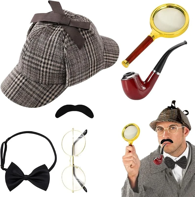 PLLYPE Juego de accesorios para disfraz de detective, accesorios para disfraz de Sherlock Holmes con sombrero de detective, gafas de metal, lupa, pajarita para hombre, barba, detective, cosplay para — Ropa Navidad