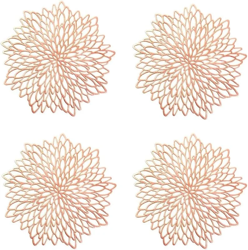 Spldsun 4 Piezas Manteles Individuales Huecos de Oro Rosa, Manteles Individuales Redondo Hueco Flor Posavasos, Mantel Antideslizante de Hoja de Vinilo Laminado, para Decoración de Mesa — Hogar y cocina