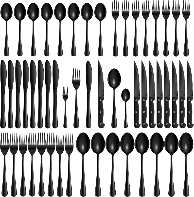 Visita la tienda de Velaze Velaze Juego de Cubiertos, Vijilla de Acero Inoxidable 18, 10, 48 Piezas de Cubertería incluyen 16 Cuchillos de Mesa, 16 Tenedores, 16 Cucharas, Aptos para Lavavajillas - Negro — Adviento y mesa