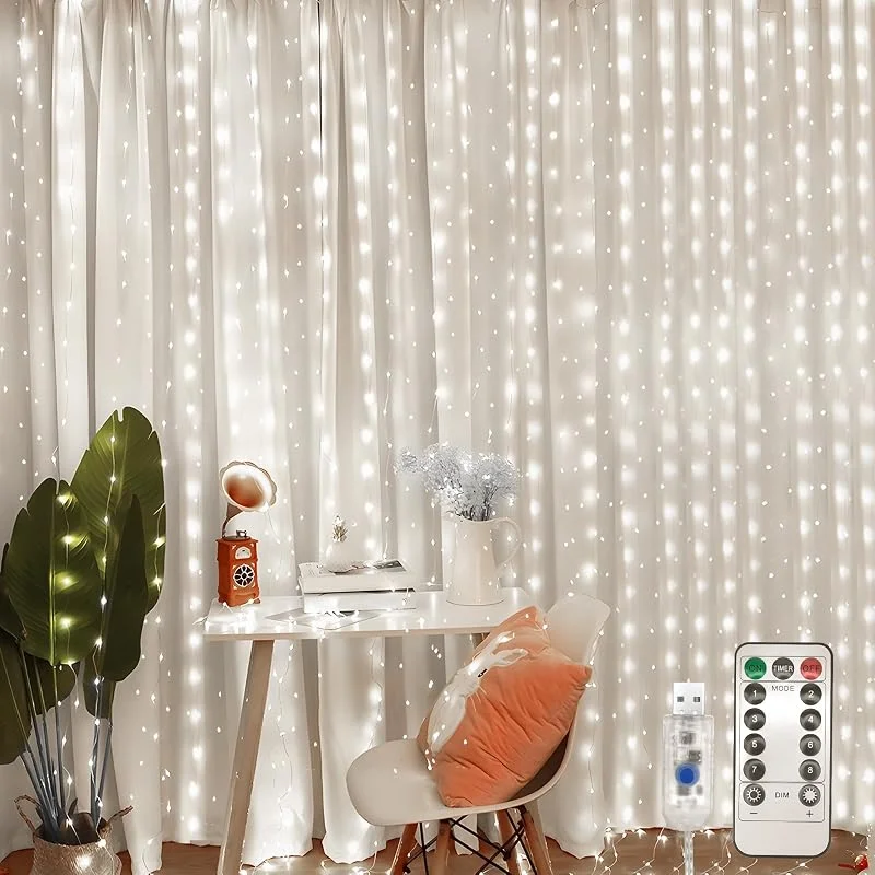 Jsdoin Cortina Luces, 3.6 x 3M con Control Remoto 8 Modos de USB Cortina de Luces Navidad Exterior, 360 LED Cortina LED Decoración para Navidad Jardín Habitación Cortina (Blanco frío)