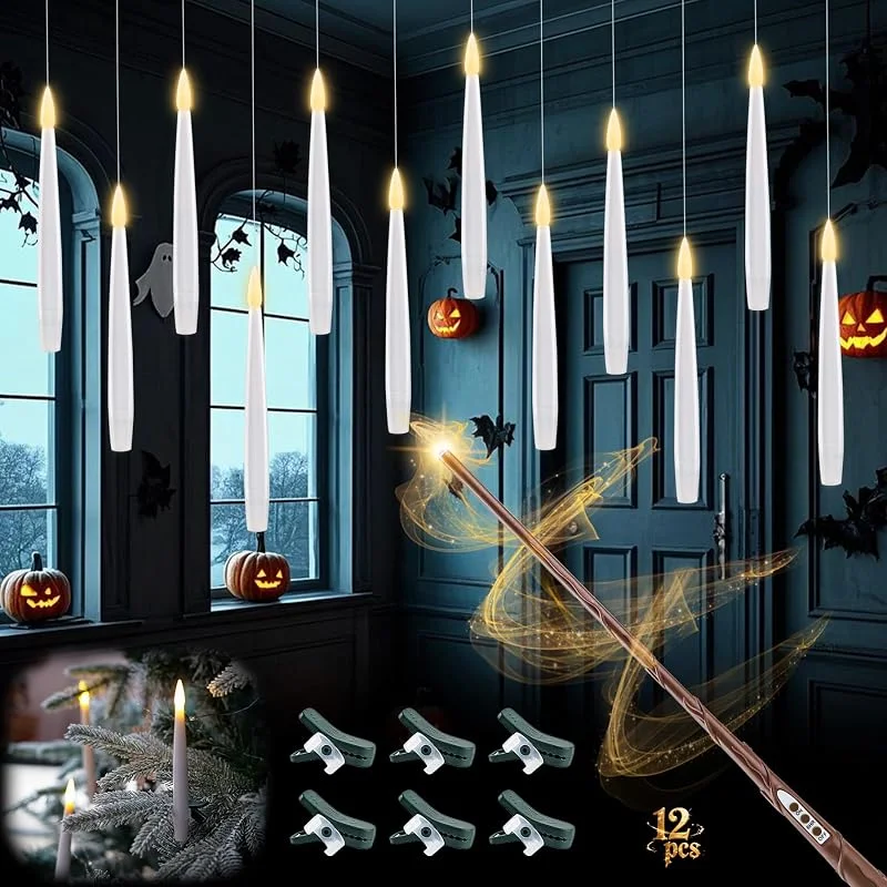 Visita la tienda de Rhytsing Rhytsing 12 Velas Flotantes LED con Remoto Varita Mágica para Halloween, Velas Colgantes Blancas con Línea de Pesca, Velas LED Arbol Navidad con 12 Clips Incluidos — Luces Navidad