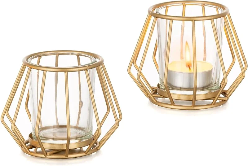 Romadedi Portavelas de té de metal dorado, juego de 2 con cristal — Cena a la luz de velas