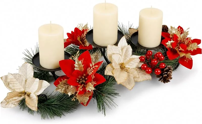 AwnsIMfreien Centros de Mesa navideños, portavelas Floral navideño con 3 Luces LED cálidas para decoración de repisa de Fiesta de Navidad — Cena a la luz de velas