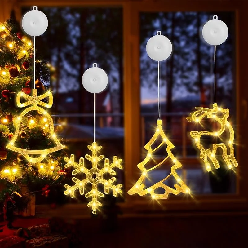 Hillylolly Luces de Navidad para Ventana - 4 Piezas Decoración Navideña con Pilas, Cortina de Luces Interior (Copos de Nieve) — Luces Navidad