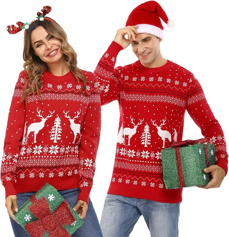 Visita la tienda de Totatuit Totatuit Suéter de Navidad de Cuello Redondo Mujer Hombre Invierno Jersey Manga Larga Elegante Retro Sweater de Navidad Pullover Casual Christmas Sweater Parejas para Otoño Invierno — Ropa Navidad