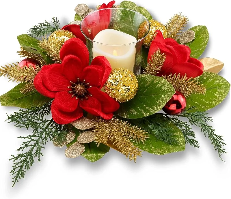 YULETIME Centro de mesa de 18 pulgadas con portavelas LED sin llama, diseño con magnolia artificial blanca, bolas doradas y ramas de abeto para decoración navideña (rojo) — Cena a la luz de velas
