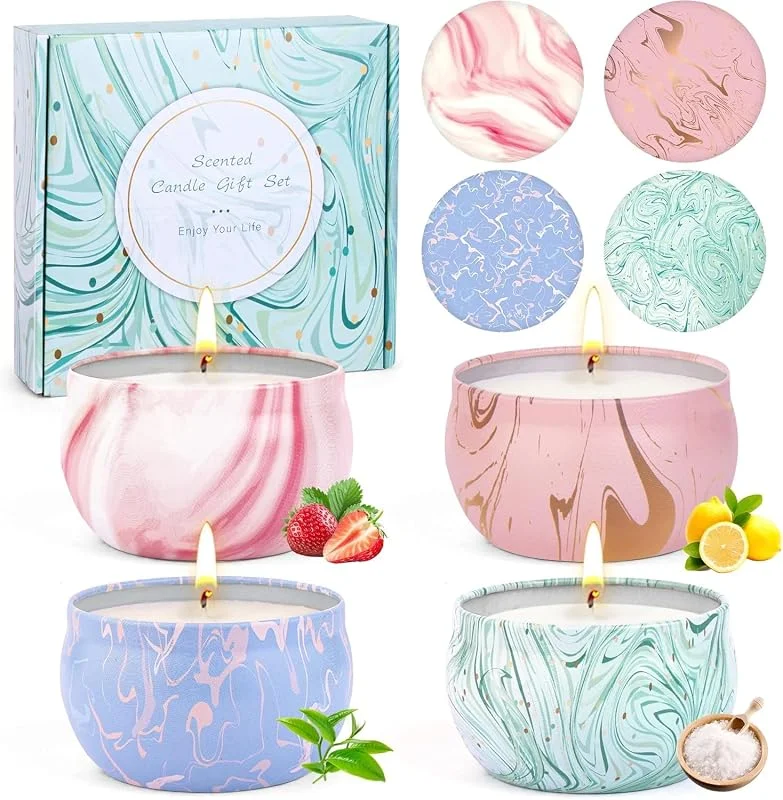 KEARLGMBH Juego 4 velas aromáticas más grandes para mujer, velas perfumadas para aliviar el estrés, cera de soja natural para mujer, velas decorativas navideña, Regalos para el Día de la Madre, San Valentín — Cena a la luz de velas