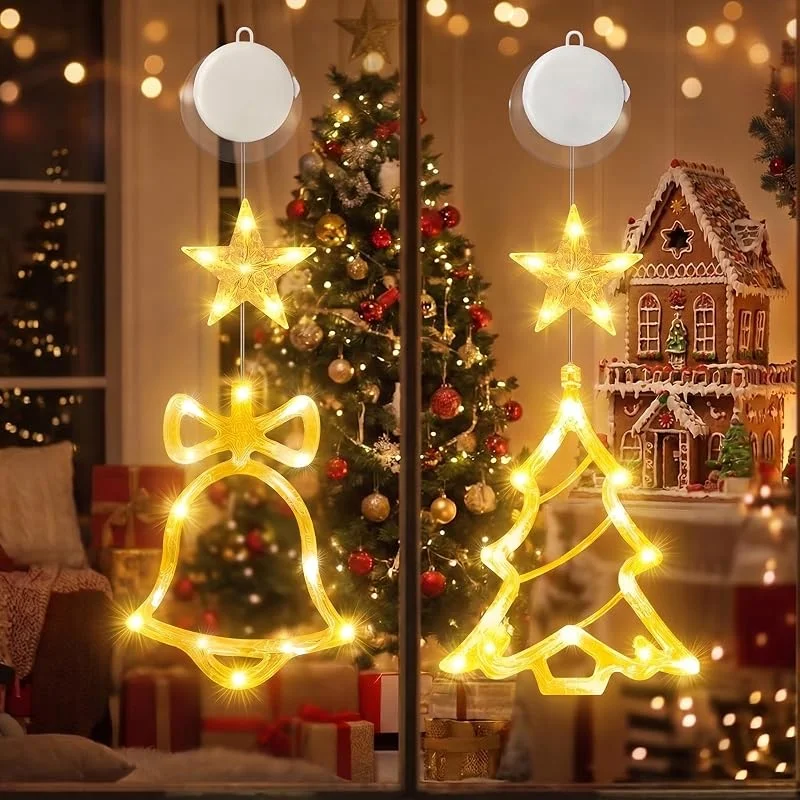 CNMTCCO Luces LED navideñas en forma de estrella para ventanas, paquete de 2 luces navideñas con ventosas y temporizador, funcionan con pilas. para decoración y fiestas navideñas(árbol y campana) — Decoracion Navidad