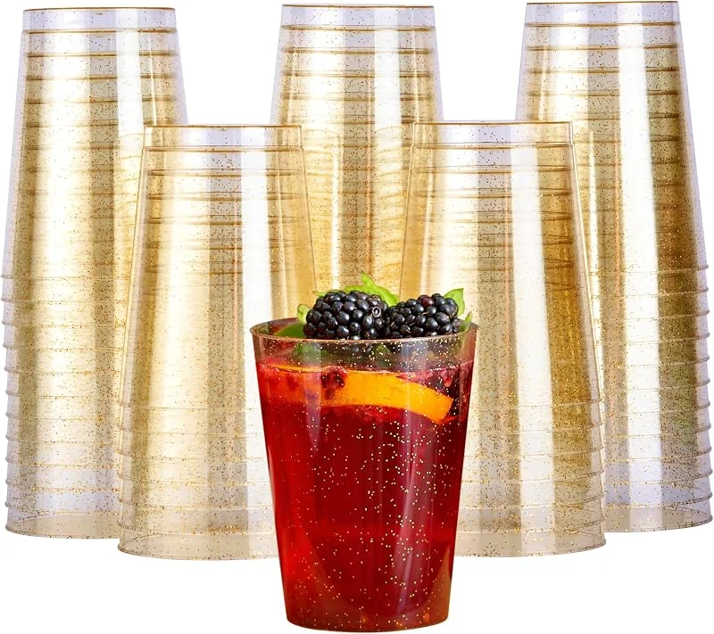 Visita la tienda de MATANA MATANA 50 Vasos de Plástico Duro con Brillo Dorado (285 ml, 10 oz) – Reutilizables – Vasos Dorados para Fiesta y Cóctel, Prosecco & Postres – Cumpleaños, Bodas, Navidad y Nochevieja — Vino y mesa festiva