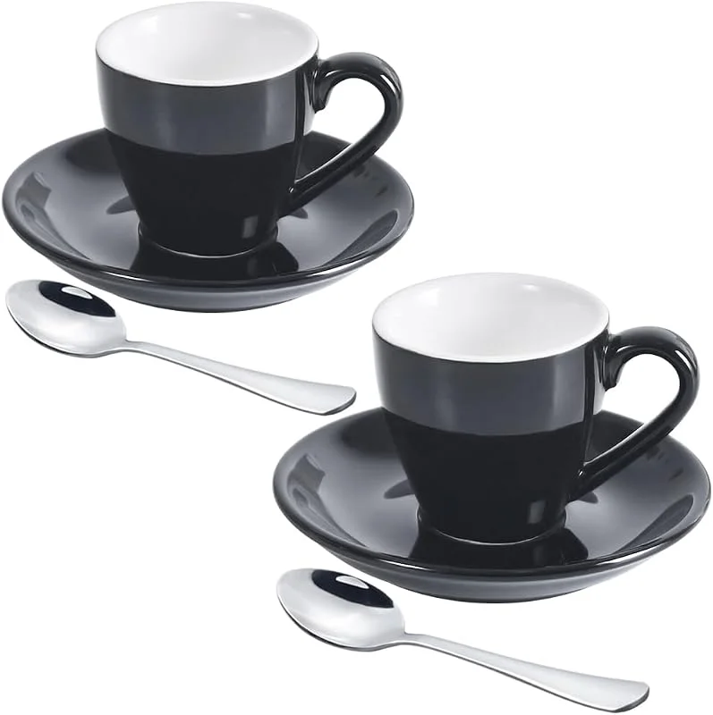 ionEgg Taza de café expreso de porcelana con platillo y mini cucharas de acero inoxidable, taza de chupito para espresso, 80 ml, paquete de 2, color negro — Adviento y mesa