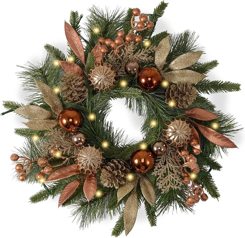 Visita la tienda de Valery Madelyn Valery Madelyn Coronas de Navidad realistas de 16 pulgadas con luces, corona de pino Norfolk preiluminada con bolas de cobre dorado y bayas para bricolaje al aire libre, EG0201-0160-UK — Decoracion Navidad