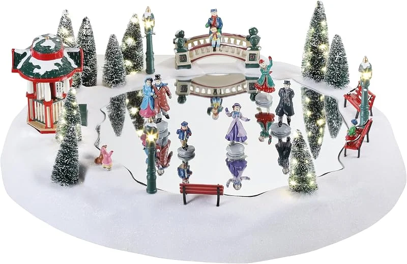 Mr. Christmas Pista de Patinaje Winter Wonderland, Escena Animada de Pueblo navideño con Figuras en Movimiento, Luces LED y 15 Canciones navideñas — Decoracion Navidad