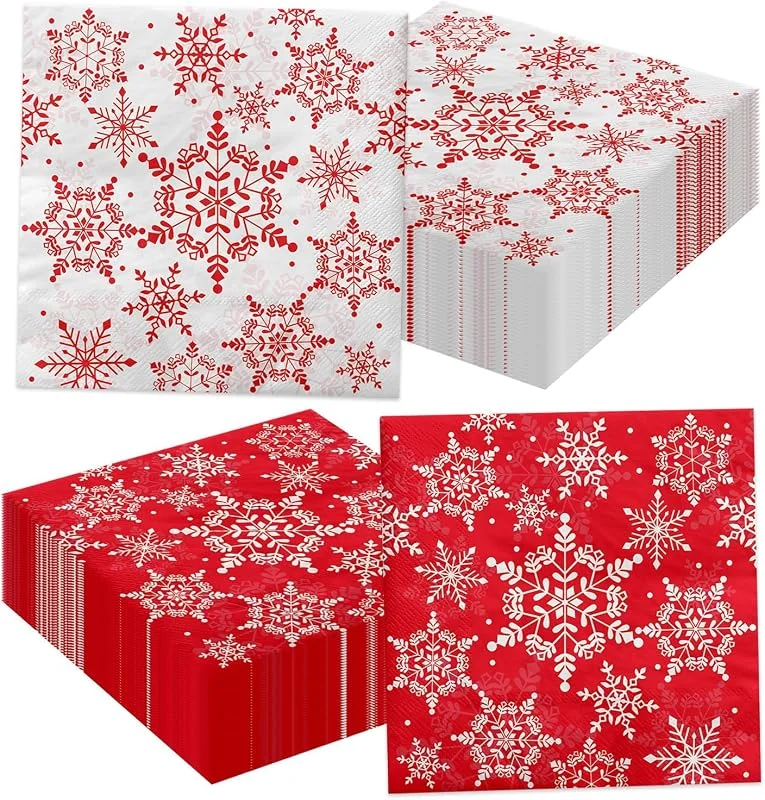 APUXXJUPA 100 servilletas navideñas de copo de nieve - Copo de nieve blanco rojo impreso servilletas de papel de Navidad para Navidad vacaciones de invierno Año Nuevo decoraciones de fiesta — Adviento y mesa