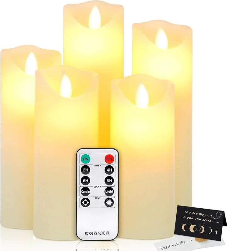 TOSUTO Velas LED, Pack de 5 LED Velas sin Llama, llamas LED parpadeantes Efecto de llama real, con Mando a Distancia y Temporizador Velas Decorativas de pilas para Decoración, Bodas, Navidad(Marfil) — Cena a la luz de velas