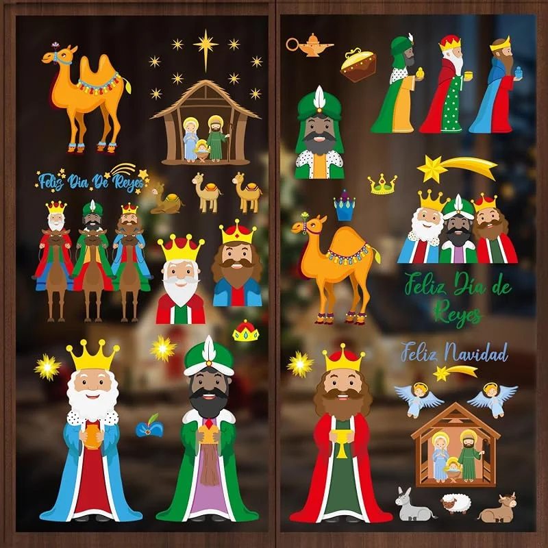 Aurasky Pegatinas para Ventanas Reyes Magos, Pegatinas para Ventanas de Navidad, Pegatinas Ventana Navideños Feliz Navidad Decoración Reutilizables para Fiesta Niños — Envoltorio regalo