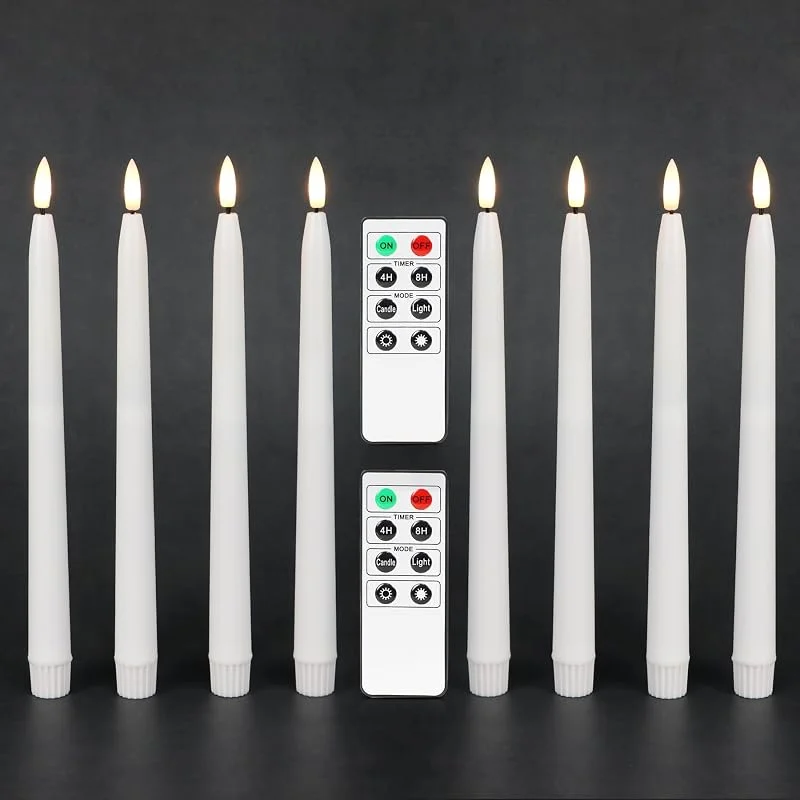Visita la tienda de Fanna Fanna 8 Velas LED largas con Temporizador, Velas blancas a Pilas para candelabros, 2 Mandos a distancia y pilas incluidas, Altura 28cm (Blanco) — Cena a la luz de velas