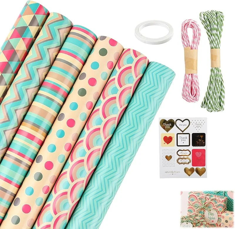 GodtKowty Set Papel Regalo Ecológico con Cintas y Etiquetas – 6 Hojas 70x50cm, 2 Cuerdas Regalo de 10m, Pegamento Doble Cara, 13 Etiquetas Adhesivas – Ideal para Cumpleaños, Navidad, Bodas — Envoltorio regalo