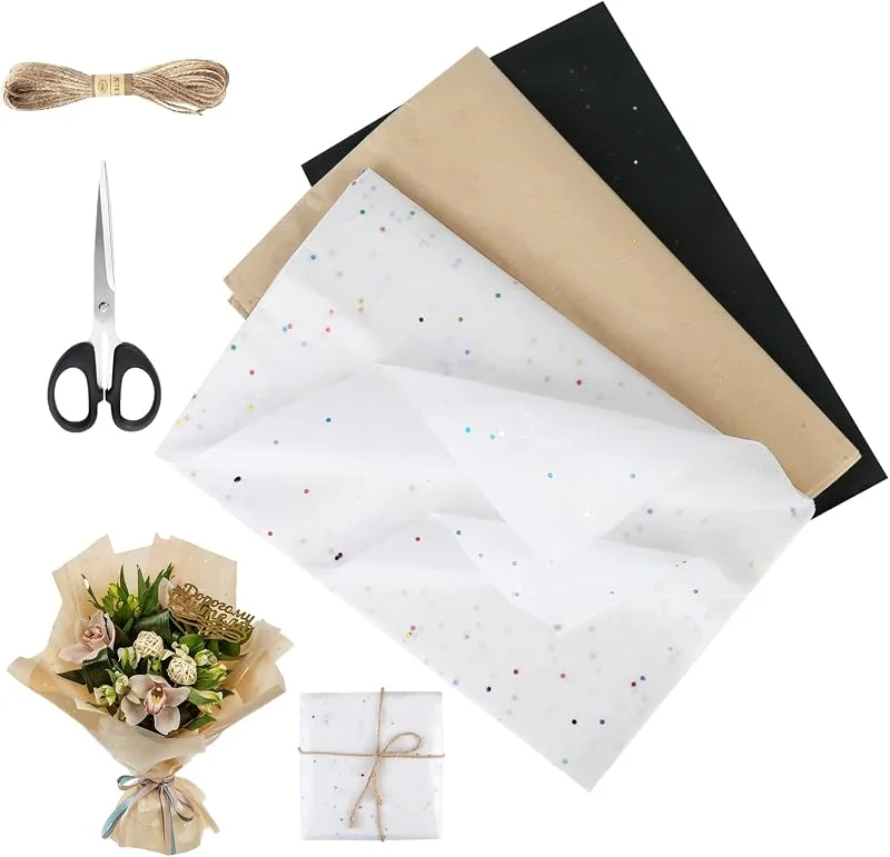 jwogngls 30 Hojas Papel de Seda, 50 x 66cm Papel Seda para Envolver, Papel de Seda para Envolver Purpurina, Papel de Embalaje con Tijeras y Cordel para Cumpleaños, Vacaciones y Flores (3 Colores) — Envoltorio regalo