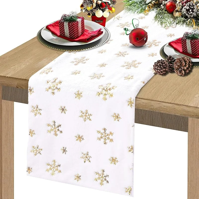 PPGGOPP Camino de Mesa Navideño, Camino de Mesa con Copos de Nieve, Camino de mesas Navidad Blanco, Decoración Navideña de Invierno para Mesas de Cocina para Invierno y Navidad Interior, Vacaciones (Oro) — Hogar y cocina