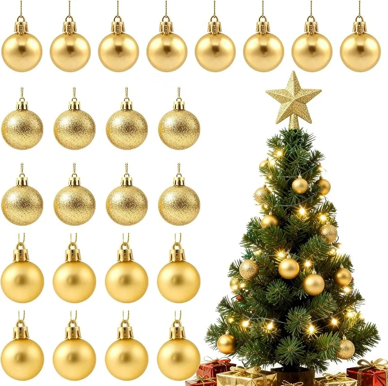 24 adornos de bola de Navidad inastillables de 1.1 pulgadas, decoraciones de árbol de Navidad preencordadas para Navidad, Halloween, bodas y fiestas (dorado) — Decoracion Navidad