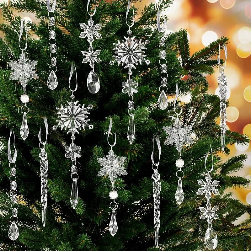 Qpout 18pcs Cristal Adornos de Navidad Árbol de Navidad Colgante Acrílico Navidad Copo de Nieve Carámbano Gota de Cristal Adornos Colgantes para Árbol de Navidad Año Nuevo Fiesta Invierno Suministros — Decoracion Navidad