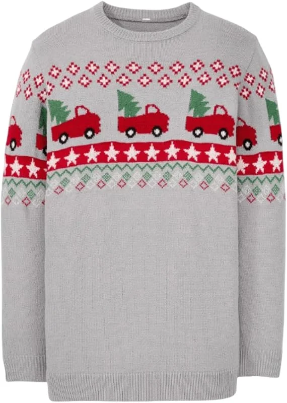 Générique Genérico Jersey de Navidad para hombre gris con camiones rojos y abetos, diseño de fiesta jacquard, tejido de manga larga — Ropa Navidad