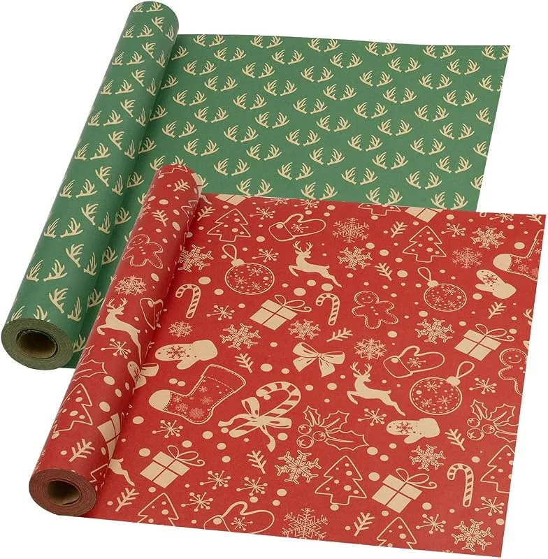 DOJoykey Rollo de papel de regalo navideño DOJoykey Kraft: 2 rollos de 43 cm x 15 m, papel de regalo festivo, papel Kraft reciclable para envolver regalos de fiesta de Navidad — Envoltorio regalo