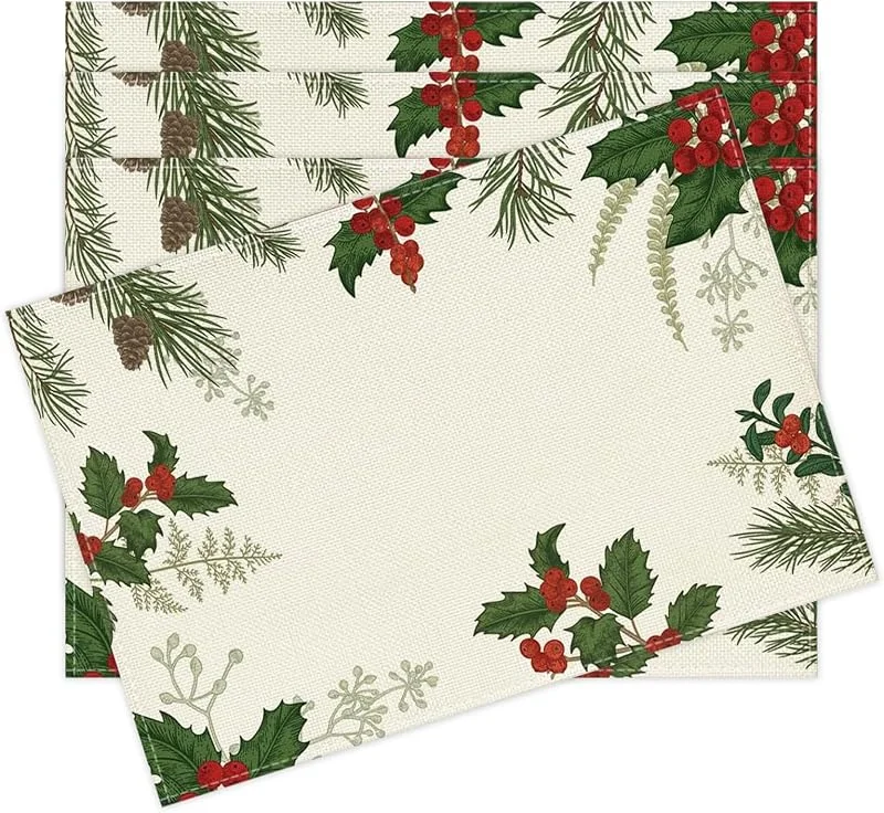 QIZHIQIAMY Juego de 4 Mantel Individual Navidad Lino 45 x 30cm Salvamanteles Individuales Navidad Lavables Decoracion Mesa Navideñas para el Desayuno, Uso en la Cocina y Reuniones. (Berries Rojas A) — Hogar y cocina