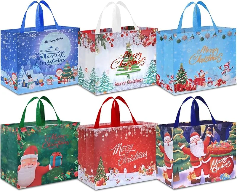 Ahfulife 6pcs Grande Bolsa de Regalo Navideño, 36×40×15cm Bolsas no Tejidas Navideñas, Bolsas Reutilizables Navideñas, Fiestas de Eventos, Bolsos con Manijas, Bolsos de Regalo Decorados — Envoltorio regalo