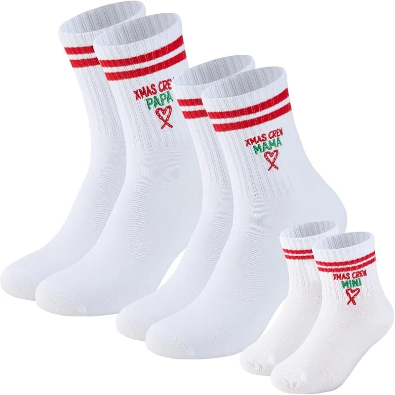 RF&CM Juego de 3 pares de calcetines navideños con bordado, calcetines a juego para papá, mamá, bebé, algodón, calcetines de tenis a rayas, aspecto de pareja para hombres, mujeres, bebés — Decoracion Navidad