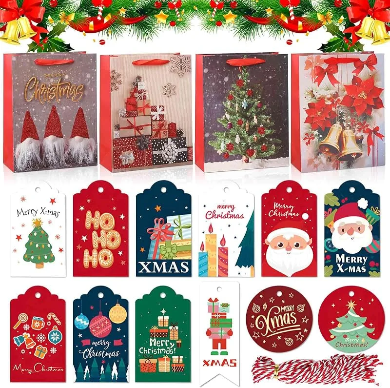CINGHIA Bolsas Regalo Navidad con Asas de Cinta, 12 Piezas Bolsas Navidad, 4 Estilos Papel Bolsas de Regalo Navidad con 48 Etiquetas Navideñas, para Embalaje Regalos, Fiestas 18x10x23cm — Envoltorio regalo