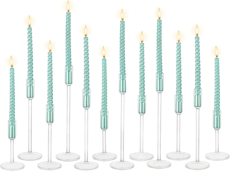 Hewory Candelabro de cristal para velas: juego de 12 velas transparentes para decoración de salón, Navidad, decoración de mesa — Cena a la luz de velas