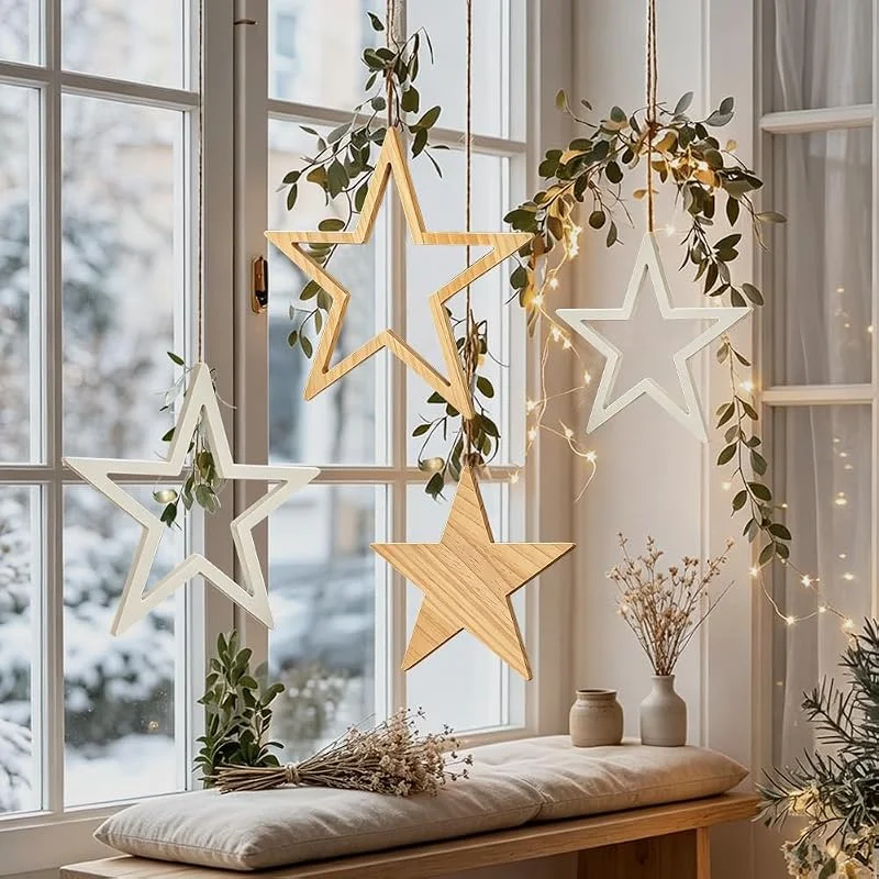 Bseical 4 Piezas Adornos Navidad Estrellas de Madera, Decoracion Navidad Hogar
