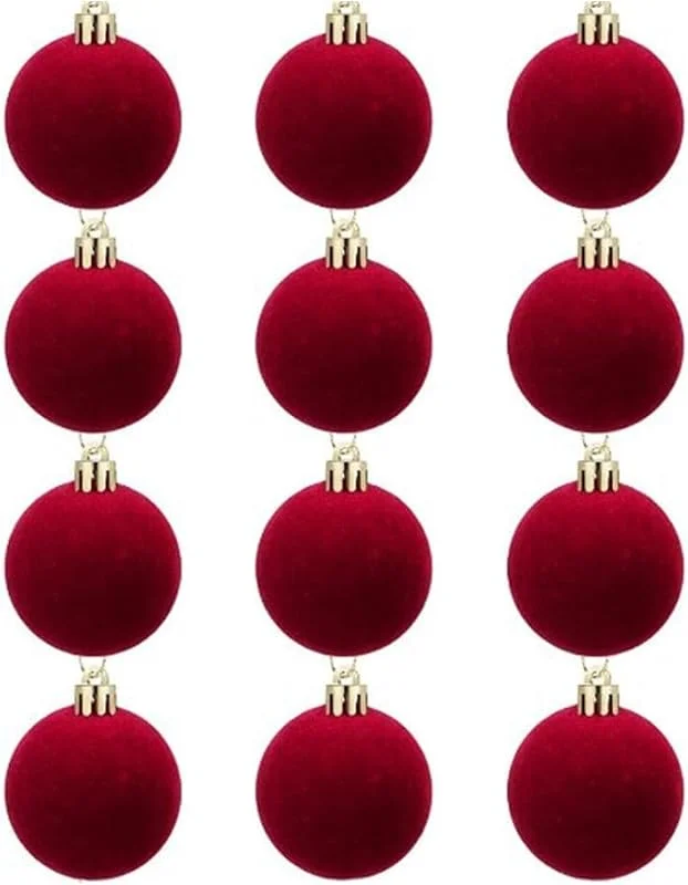 12 bolas colgantes de Navidad, bolas de Navidad de terciopelo rojo vino de 3, 5, 6, 8 cm, bola colgante flocada sólida para decoración de colgantes de árbol de Navidad (3 cm, rojo) — Decoracion Navidad