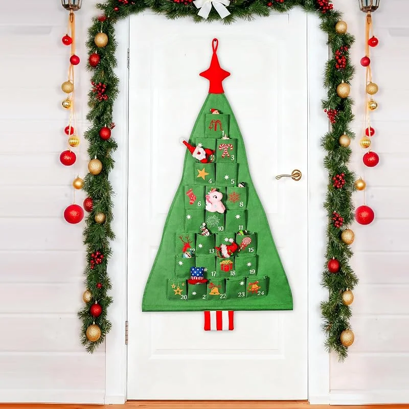 DPKOW Calendario de Adviento con árbol de Navidad de con 24 Bolsillos y Poste, Adornos navideños de Tela para Colgar en el hogar, para Interiores — Adviento y mesa