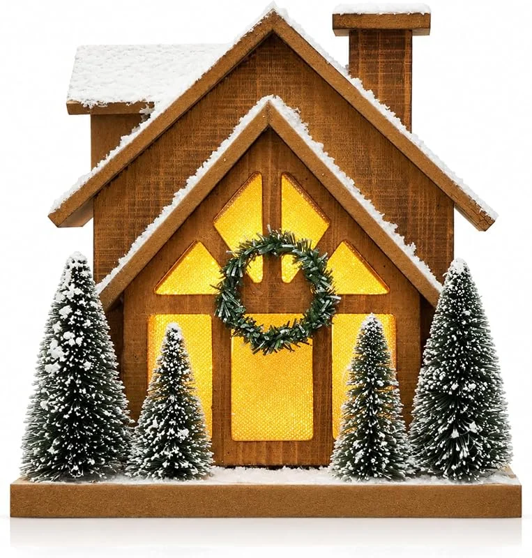 HOMirable Decoraciones de Navidad para el hogar, iluminación LED, de madera, escena de invierno, Navidad, pueblo de esquí, casa de campo, árbol de Navidad, corona, casa, mesa rústica, decoración de día festivo — Decoracion Navidad