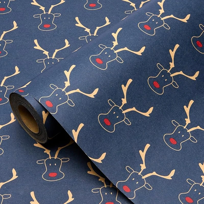 ZHNERY Rollo de papel de regalo navideño azul de 15 m, 43 cm, reciclable, kraft, con estampado de alce para decoración de fiestas de cumpleaños — Envoltorio regalo