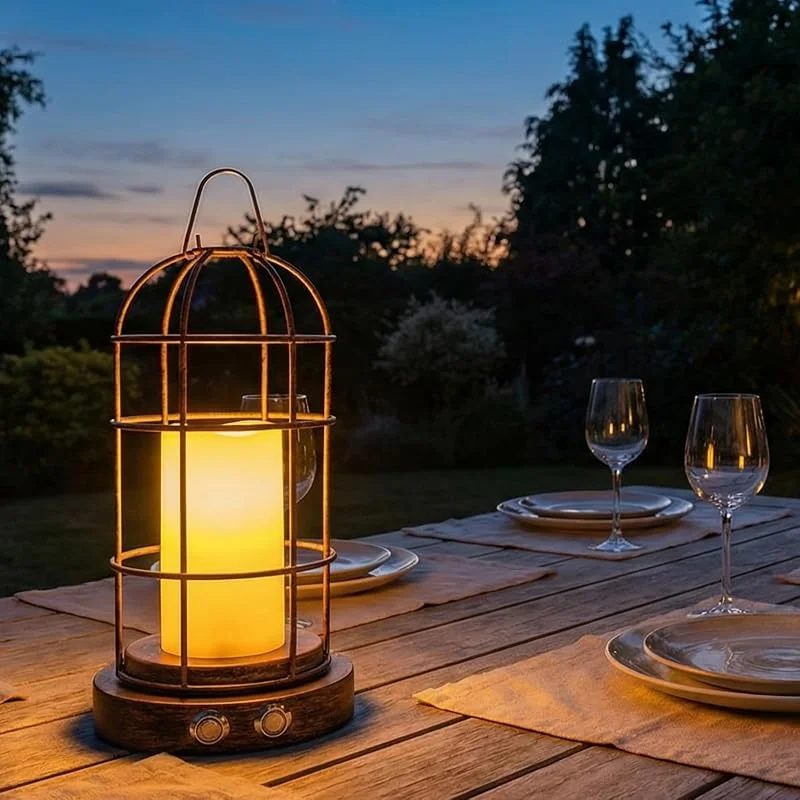 Tomshine Laterne LED Efecto Vela Decoración Vintage, Lámpara de Mesa Inalámbrica Recargable, Jaula de Metal con Efecto Llama Realista, Luz Portátil para Exterior (Cubierto), Jardín y Camping — Cena a la luz de velas