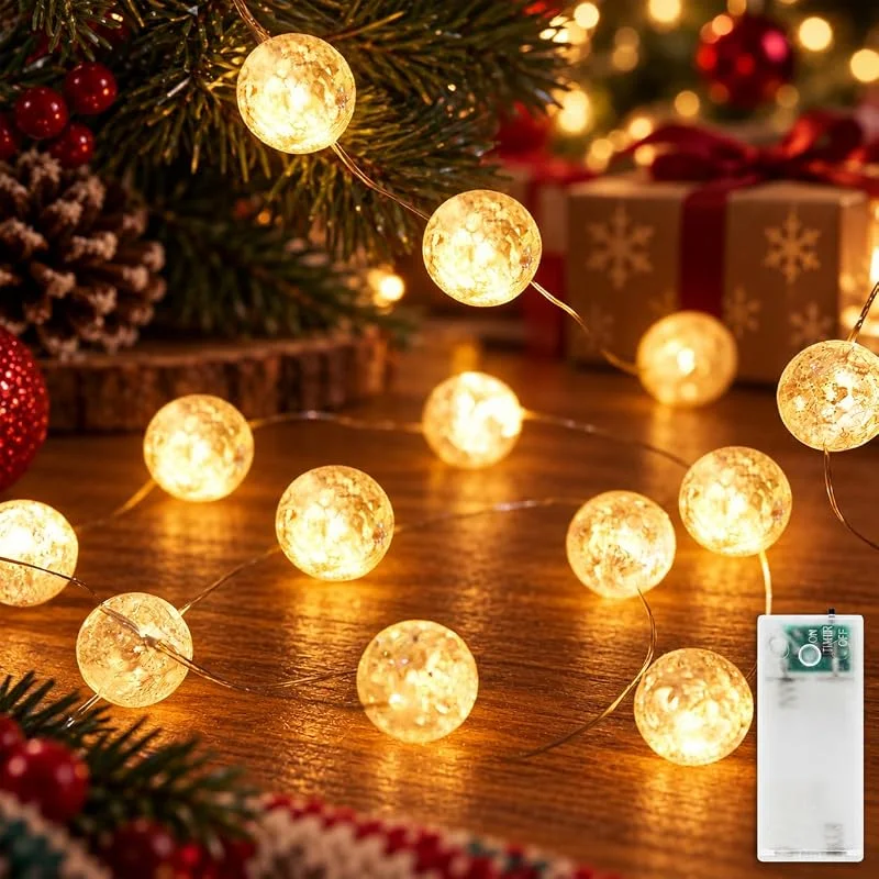 Liyade Guirnalda luminosa con bolas de cristal, 2m, 20 LED, bolas de cristal, funciona con pilas, con temporizador, guirnalda luminosa con bolas Crackle para interior, ideal para Navidad, bodas, dormitorios — Luces Navidad