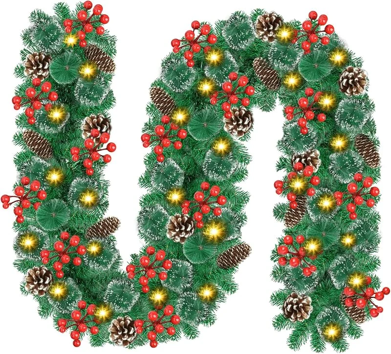 Timiyou Guirnalda Navidad 2.7M con Luces y 200 Puntas de Ramas - Impermeable, 30 LED y Temporizador Escaleras, Chimenea, Puerta y Decoración Interior, Exterior — Decoracion Navidad