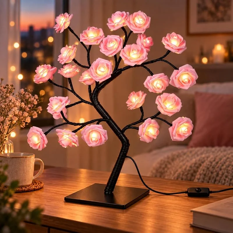 jojofuny Lámpara de mesa, diseño de rosa, flores, decoración del hogar, para bodas, Navidad, salón, dormitorio, fiesta, con luz cálida — Cena a la luz de velas