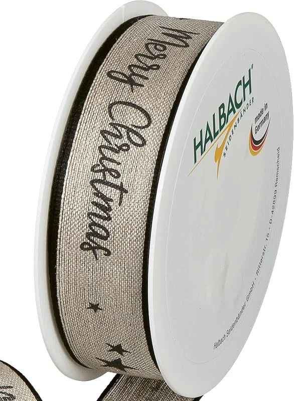 Halbach Seidenbänder Cinta de regalo de Navidad de lino, 25 mm de ancho, 15 m de largo, con alambre para regalos y árbol de Navidad, fabricado en Alemania, color: natural, negro — Envoltorio regalo