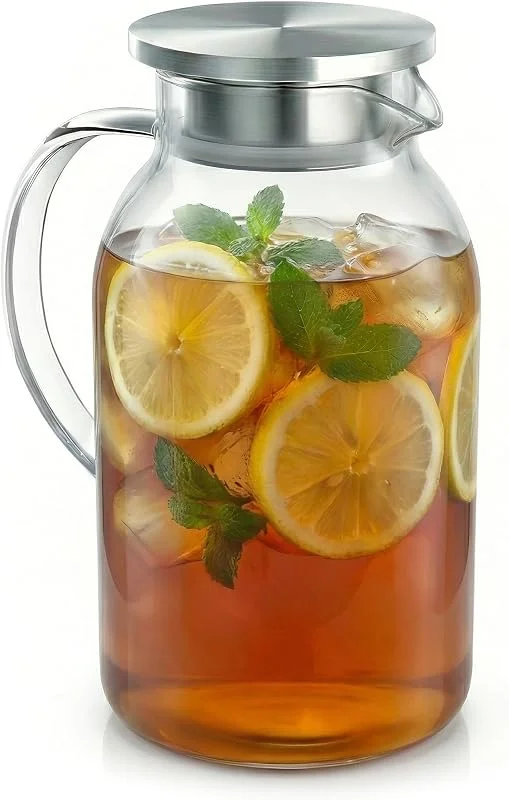 Visita la tienda de arendo Arendo - Jarra de cristal de 2, 3 l con tapa de acero inoxidable – Jarra de cristal – Resistente al calor hasta +150 °C – 2 litros – Jarra de agua resistente al calor y al frío — Vino y mesa festiva