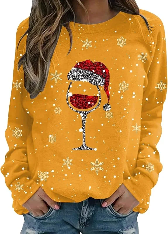 tacniseyw Suéter de Navidad para mujer, divertido estampado de copas de vino, sudadera de manga larga para mujer, suéter de Navidad sin botones, talla grande, camisas feas — Ropa Navidad