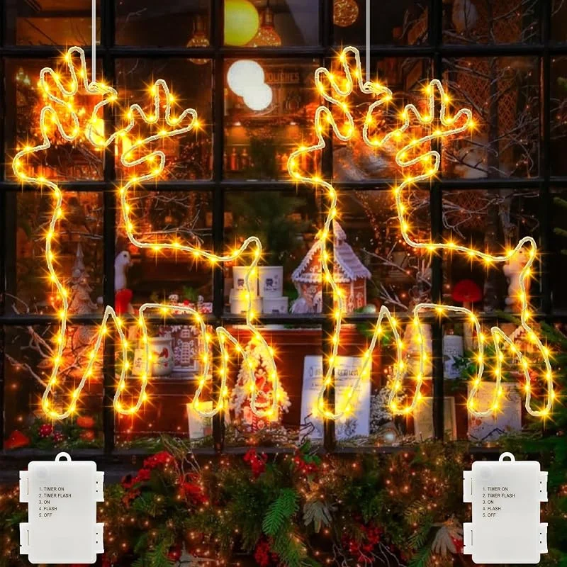 echosari 2 piezas de Reno LED para ventana de Navidad con batería, 120 LEDs, Cadena de luces colgante de Papá Noel con temporizador, Reno de metal para cortina, Cadena de luces para interior y — Luces Navidad