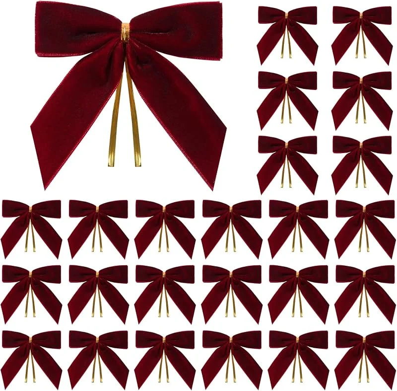 Celblisora 24 lazos de Navidad pequeños de terciopelo color burdeos para árbol de Navidad, coronas, envoltura de regalos, manualidades, bodas, fiestas, bolsas de dulces — Envoltorio regalo